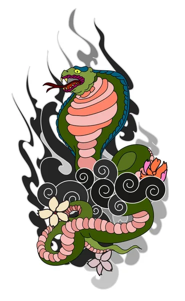 Serpente Con Vettore Sakura Sfondo Isolato Tatuaggio Giapponese Sfondo Bianco — Vettoriale Stock