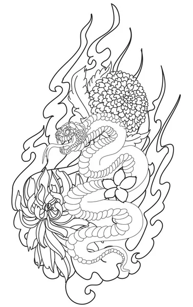 Snake Dengan Vektor Sakura Pada Isolasi Background Japanese Desain Tato - Stok Vektor