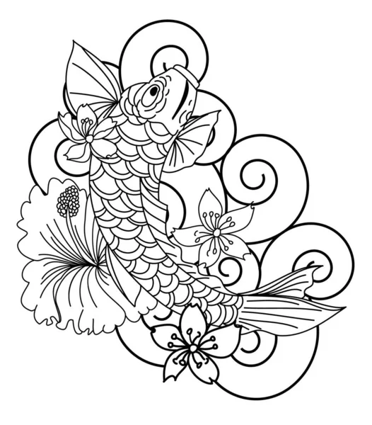 Krásná Linie Umění Koi Kapr Tetování Design Barevné Koi Ryby — Stockový vektor