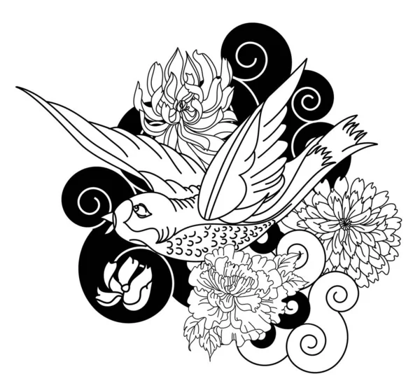 Gyönyörű Zümmögő Madár Virággal Kör Elszigetelten Fehér Hátterben Zümmögő Madár — Stock Vector