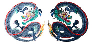 Japon kırmızı ejderha dövmesi. Çin Yeni Yılı için kırmızı zemin üzerinde ejderha. Altın Çin Ejderhası vektörü. Altın çizgili sanat kralı ejderhası dövmesi..