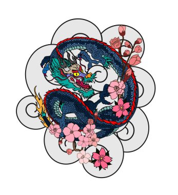 Elle çizilmiş ejderha dövmesi, boyama kitabı Japon stili. Dövme için eski Japon ejderhası. Tişört için arka planda Çin ejderhası çiziminin sembolü. Geleneksel Asya dövmesi Eski ejderha vektörü.