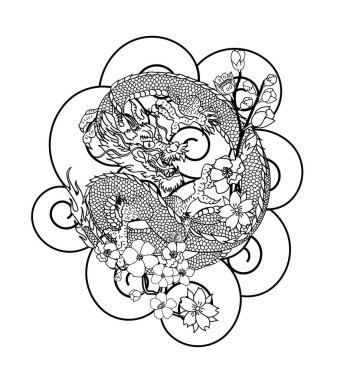 Elle çizilmiş ejderha dövmesi, boyama kitabı Japon stili. Dövme için eski Japon ejderhası. Tişört için arka planda Çin ejderhası çiziminin sembolü. Geleneksel Asya dövmesi Eski ejderha vektörü.