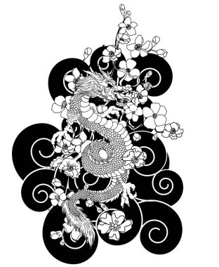 Elle çizilmiş ejderha dövmesi, boyama kitabı Japon stili. Dövme için eski Japon ejderhası. Tişört için arka planda Çin ejderhası çiziminin sembolü. Geleneksel Asya dövmesi Eski ejderha vektörü.