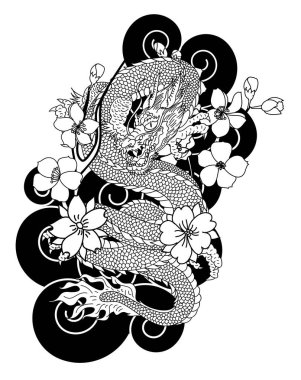 Elle çizilmiş ejderha dövmesi, boyama kitabı Japon stili. Dövme için eski Japon ejderhası. Tişört için arka planda Çin ejderhası çiziminin sembolü. Geleneksel Asya dövmesi Eski ejderha vektörü.