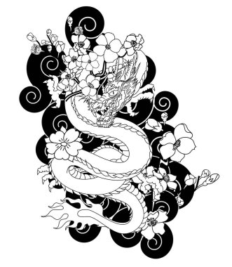 Elle çizilmiş ejderha dövmesi, boyama kitabı Japon stili. Dövme için eski Japon ejderhası. Tişört için arka planda Çin ejderhası çiziminin sembolü. Geleneksel Asya dövmesi Eski ejderha vektörü.