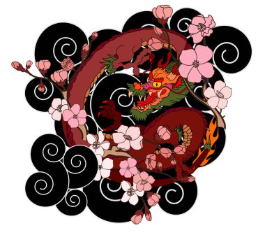 Elle çizilmiş ejderha dövmesi, boyama kitabı Japon stili. Dövme için eski Japon ejderhası. Tişört için arka planda Çin ejderhası çiziminin sembolü. Geleneksel Asya dövmesi Eski ejderha vektörü.