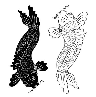 koi carp vector isolate for tattoo.Japanese carp drawing.Hand drawn line art of fish (Koi carp). Vector isolated. Idea for tattoo and coloring books.