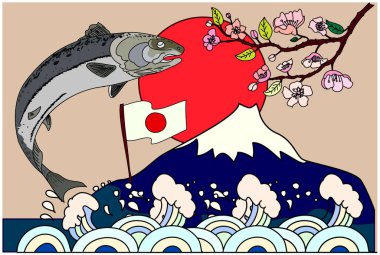 Japon taze yiyeceği. Somon vektörü izole edilmiş. Restorandaki öğeler için geleneksel Japon kültürü çizimi..