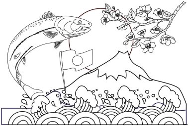 Japon taze yiyeceği. Somon vektörü izole edilmiş. Restorandaki öğeler için geleneksel Japon kültürü çizimi..