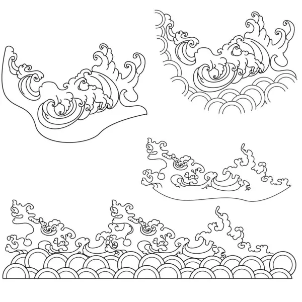 Beyaz arkaplan üzerine resim ve baskı için Çin bulut vektörü. Dövme tasarımı ve fikir için geleneksel Japon kültür unsuru. Bulut ve dalga illüstrasyonu..