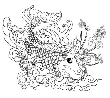 Güzel çizgi sanatı Koi sazan dövmesi tasarımı, renkli koi balığı ve çiçek. Karalama sanatı, boyama kitabı ve gelecek nesillere baskı için geleneksel Japon kültürü. Koi balığı arkaplanlı kiraz çiçeği vektörü..