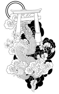 Elle çizilmiş ejderha dövmesi, boyama kitabı Japon stili. Dövme için eski Japon ejderhası. Tişört için arka planda Çin ejderhası çiziminin sembolü. Geleneksel Asya dövmesi Eski ejderha vektörü.