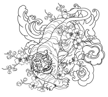 Şeftali çiçeği ve bulut dövmeli kaplan. Su sıçraması ve kara bulutlu Japon dövmesi. Tişört arkaplanı için kaplan illüstrasyonu..