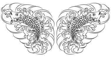koi carp vector isolate for tattoo.Japanese carp drawing.Hand drawn line art of Koi carp. Vector isolated. Idea for tattoo and coloring books.Traditional Japanese culture element for printing on wall.