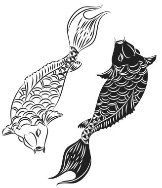 koi carp vector isolate for tattoo.Japanese carp drawing.Hand drawn line art of Koi carp. Vector isolated. Idea for tattoo and coloring books.Traditional Japanese culture element for printing on wall.