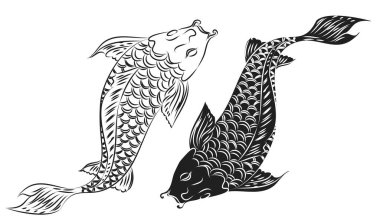 koi carp vector isolate for tattoo.Japanese carp drawing.Hand drawn line art of Koi carp. Vector isolated. Idea for tattoo and coloring books.Traditional Japanese culture element for printing on wall.