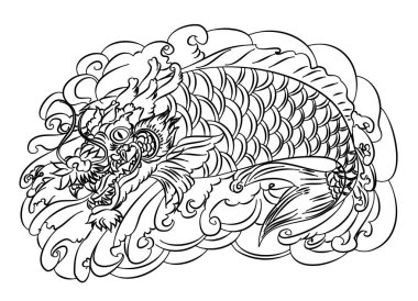 koi carp vector isolate for tattoo.Japanese carp drawing.Hand drawn line art of Koi carp. Vector isolated. Idea for tattoo and coloring books.Traditional Japanese culture element for printing on wall.