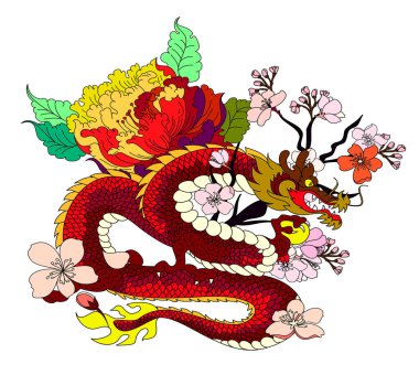 Japon kırmızı ejderha dövmesi. Çin Yeni Yılı için kırmızı zemin üzerinde ejderha. Altın Çin Ejderhası vektörü. Altın çizgili sanat kralı ejderhası dövmesi..