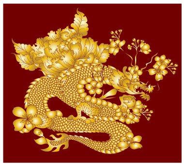 Japanese red dragon tattoo.Dragon on red background for Chinese New Year.Gold Chinese Dragon vector.Gold line art King Dragon tattoo.cartoon vector for t-shirt.