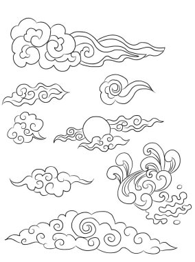Beyaz arkaplan üzerine resim ve baskı için Çin bulut vektörü. Dövme tasarımı ve fikir için geleneksel Japon kültür unsuru. Bulut ve dalga illüstrasyonu..
