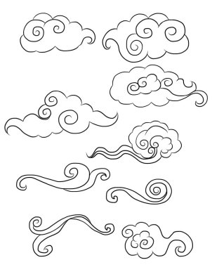 Beyaz arkaplan üzerine resim ve baskı için Çin bulut vektörü. Dövme tasarımı ve fikir için geleneksel Japon kültür unsuru. Bulut ve dalga illüstrasyonu..