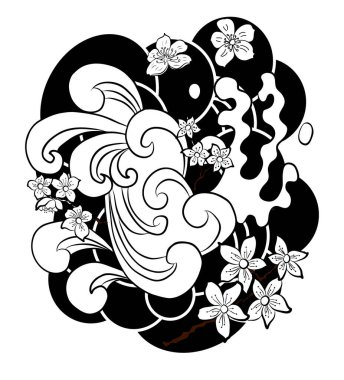 Dövme dizaynı için Japon dövme arkaplanı. Geleneksel Çin dalgaları ve beyaz izole arkaplandaki renklendirme için bulutlar. Tasarım fikri için dövme arka plan çizimi.