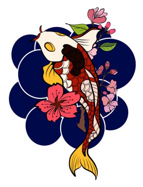 Japon koi balığı dövmesi çiziminin vektör çizimi. Japon geçmişi. Koi balığı dövmesi. El çizimi koi balığı ve Çin karalama sanatı. Şakayık, kiraz çiçeği ve nilüfer çiçeği taşıyıcısı.