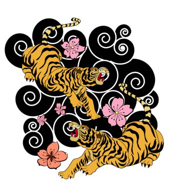 Geleneksel Japon kaplan dövmesi. Tiger Sticker dövme tasarımı, siyah arka plan karikatür kaplan. Vektör