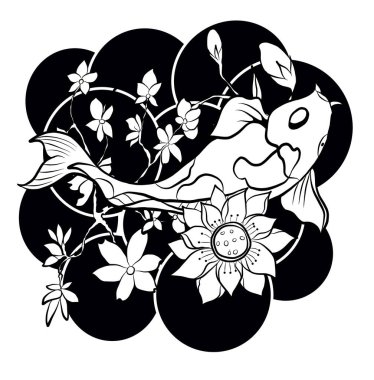 Japon koi balığı dövmesi çiziminin vektör çizimi. Japon geçmişi. Koi balığı dövmesi. El çizimi koi balığı ve Çin karalama sanatı. Şakayık, kiraz çiçeği ve nilüfer çiçeği taşıyıcısı.