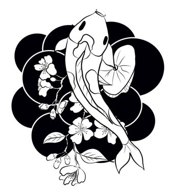 Japon koi balığı dövmesi çiziminin vektör çizimi. Japon geçmişi. Koi balığı dövmesi. El çizimi koi balığı ve Çin karalama sanatı. Şakayık, kiraz çiçeği ve nilüfer çiçeği taşıyıcısı.