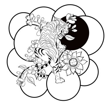 Geleneksel Japon kaplan dövmesi. Tiger Sticker dövme tasarımı, siyah arka plan karikatür kaplan. Vektör