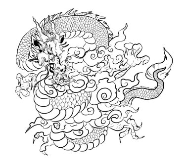 Japanese Dragon tattoo with cherry flower and peach flower tattoo.illustration of asia dragon for printing. Dragon tattoo.
