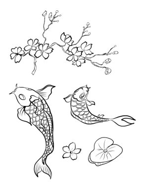 Beyaz yalıtılmış arka planda basmak için siam betta balığının güzel çizgisi sanatı. Japon koi balığı sazan balığı kültürünün karalama sanatı için vektör çizimi. Zengin ve zengin Çin yeni yılı ile zenginlik için koi balığı. 