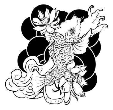 Güzel çizgi sanatı Koi sazan dövmesi tasarımı, renkli koi balığı ve çiçek. Beyaz arkaplanda basım için geleneksel Japon kültürü sanatı. 
