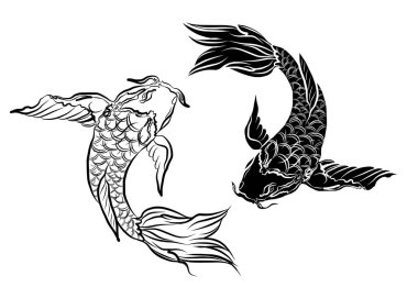 koi carp vector isolate for tattoo.Japanese carp drawing.Hand drawn line art of Koi carp. Vector isolated. Idea for tattoo and coloring books.Traditional Japanese culture element for printing on wall.