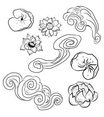 Arkaplanda resim yapmak için çiçek vektörü seti. Perdeye basmak için şakayık. Nakış tarzı için geleneksel Asya çiçeği çizimi. Gül çiçeği. Yaz için güzel bir çizgi sanatı..