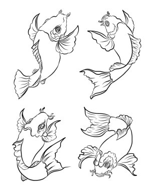 koi carp vector isolate for tattoo.Japanese carp drawing.Hand drawn line art of Koi carp. Vector isolated. Idea for tattoo and coloring books.Traditional Japanese culture element for printing on wall.
