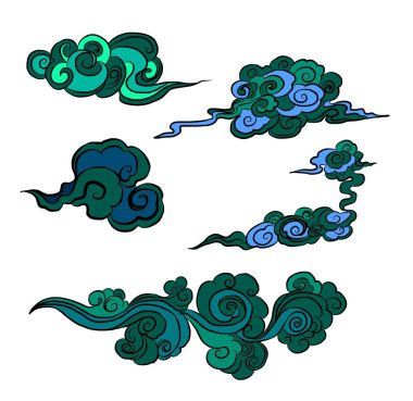 Beyaz arkaplan üzerine resim ve baskı için Çin bulut vektörü. Dövme tasarımı ve fikir için geleneksel Japon kültür unsuru. Bulut ve dalga illüstrasyonu..