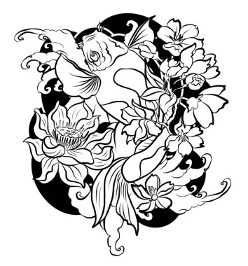 Güzel çizgi sanatı Koi sazan dövmesi tasarımı, renkli koi balığı ve çiçek. Beyaz arkaplanda baskı yapmak için geleneksel Japon kültürü..