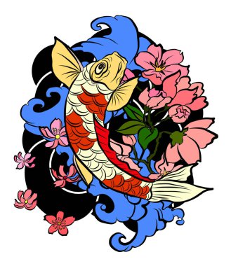 İzole edilmiş beyaz arka plan üzerine tişört basmak için Koi balık vektörü. El çizimi lotus ve koi balığı sazan balığı arka plan baskısı için vektörü. Resim yapmak için şanslı Çin hayvan illüstrasyonu.