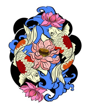 İzole edilmiş beyaz arka plan üzerine tişört basmak için Koi balık vektörü. El çizimi lotus ve koi balığı sazan balığı arka plan baskısı için vektörü. Resim yapmak için şanslı Çin hayvan illüstrasyonu.