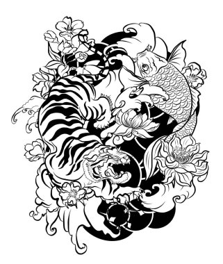 Şeftali çiçeği ve bulut dövmeli kaplan. Su sıçramalı Japon dövmesi ve siyah bulutlu koi balığı sazan balığı ve tişört arkaplanı için kaplan resmi..