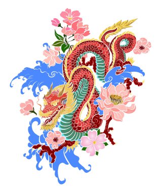 Elle çizilmiş ejderha dövmesi, boyama kitabı Japon stili. Dövme için eski Japon ejderhası. Tişört için arka planda Çin ejderhası çiziminin sembolü. Geleneksel Asya dövmesi Eski ejderha vektörü.