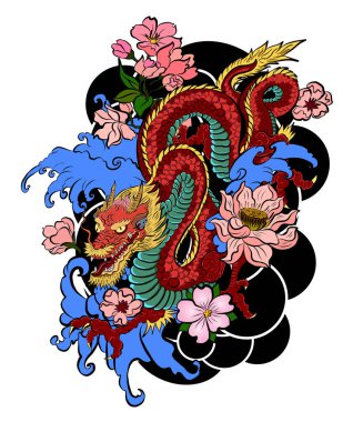 Elle çizilmiş ejderha dövmesi, boyama kitabı Japon stili. Dövme için eski Japon ejderhası. Tişört için arka planda Çin ejderhası çiziminin sembolü. Geleneksel Asya dövmesi Eski ejderha vektörü.