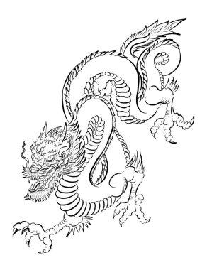 Japon kırmızı ejderha dövmesi. Çin Yeni Yılı için kırmızı zemin üzerinde ejderha. Altın Çin Ejderhası vektörü. Altın çizgili sanat kralı ejderhası dövmesi..