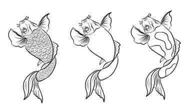 İzole edilmiş beyaz arka plan üzerine tişört basmak için Koi balık vektörü. El çizimi lotus ve koi balığı sazan balığı arka plan baskısı için vektörü. Resim yapmak için şanslı Çin hayvan illüstrasyonu.
