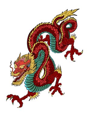 Japon kırmızı ejderha dövmesi. Çin Yeni Yılı için kırmızı zemin üzerinde ejderha. Altın Çin Ejderhası vektörü. Altın çizgili sanat kralı ejderhası dövmesi..