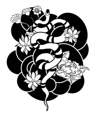 Arka planda sakura vektörü olan yılan. Beyaz arkaplanda Japon dövmesi tasarımı..