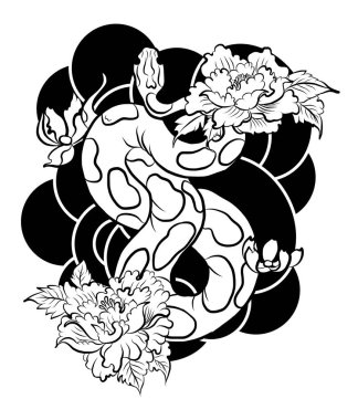 Arka planda sakura vektörü olan yılan. Beyaz arkaplanda Japon dövmesi tasarımı..